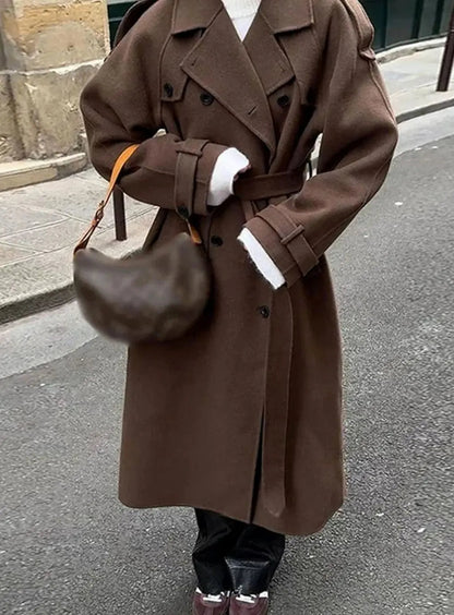 Wool Blend Double-Breasted Midi Coat – Belted Lapel Coat