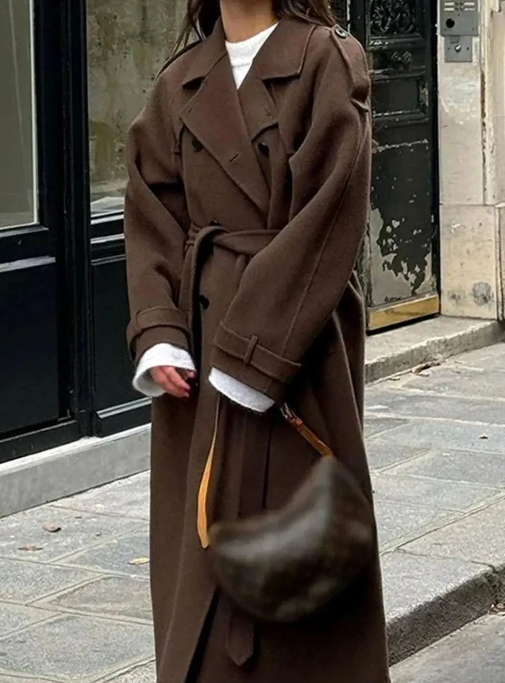 Wool Blend Double-Breasted Midi Coat – Belted Lapel Coat