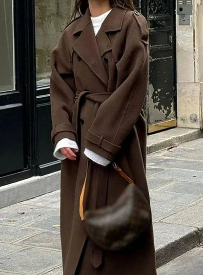 Wool Blend Double-Breasted Midi Coat – Belted Lapel Coat