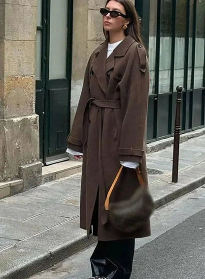 Wool Blend Double-Breasted Midi Coat – Belted Lapel Coat