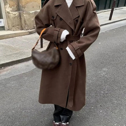 Wool Blend Double-Breasted Midi Coat – Belted Lapel Coat