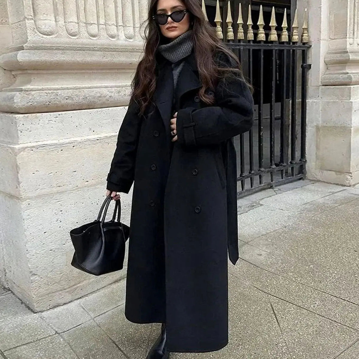 Wool Blend Double-Breasted Midi Coat – Belted Lapel Coat