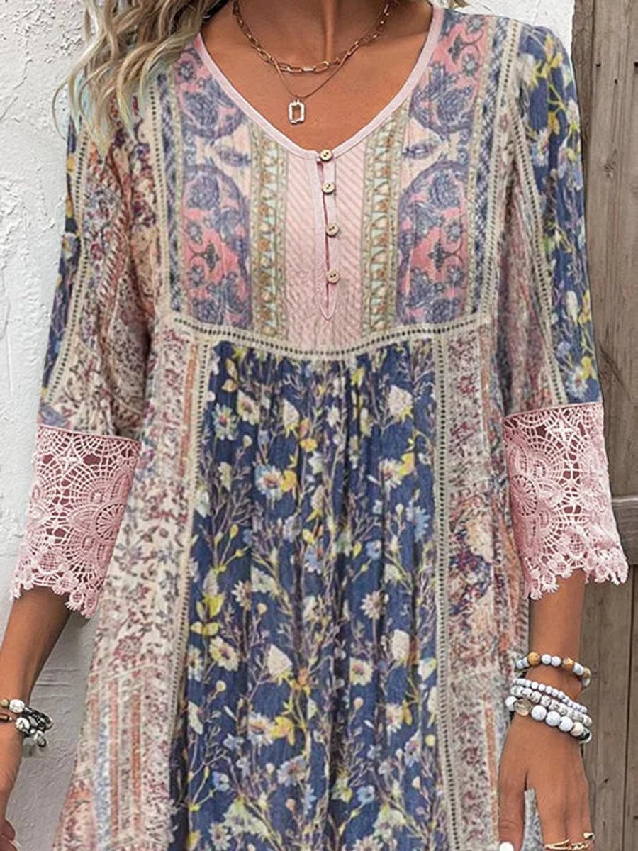 Boho Floral Lace Trim Dress – A-Line 3/4 Sleeve Empire Waist