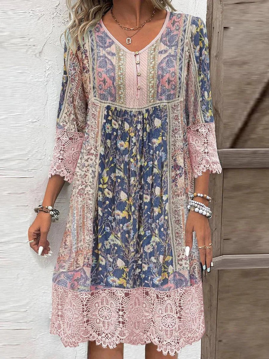 Boho Floral Lace Trim Dress – A-Line 3/4 Sleeve Empire Waist