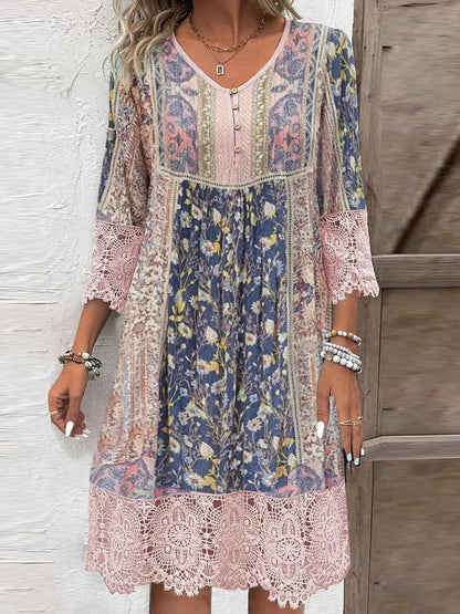 Boho Floral Lace Trim Dress – A-Line 3/4 Sleeve Empire Waist