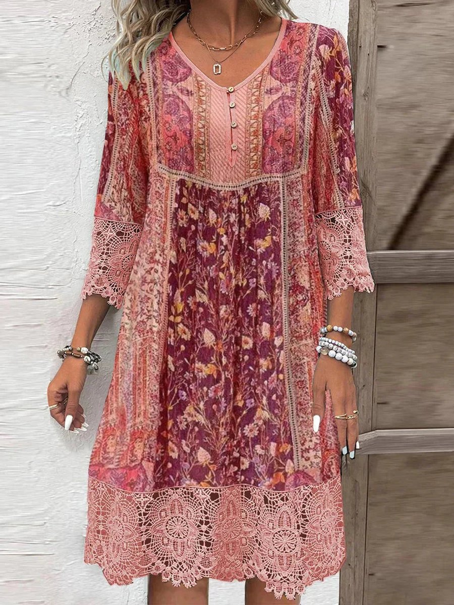 Boho Floral Lace Trim Dress – A-Line 3/4 Sleeve Empire Waist