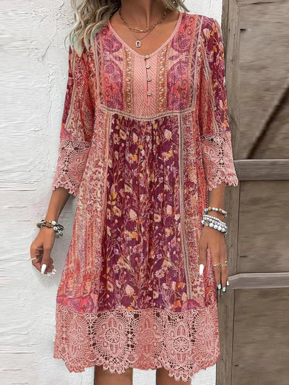 Boho Floral Lace Trim Dress – A-Line 3/4 Sleeve Empire Waist