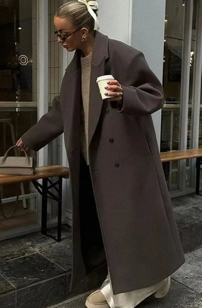 Oversized Double-Breasted Maxi Coat – Women's Long Lapel Coat in Brown