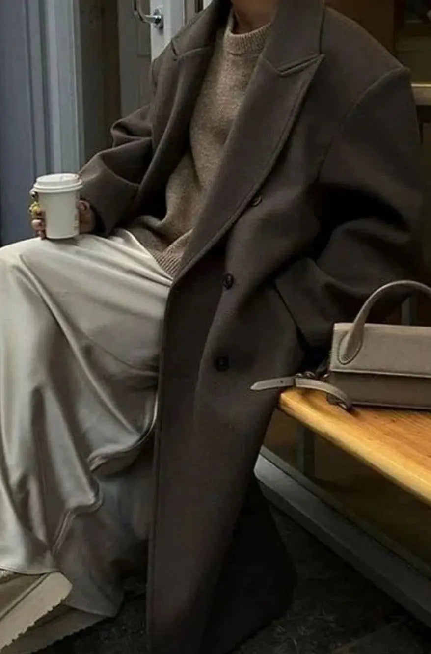 Oversized Double-Breasted Maxi Coat – Women's Long Lapel Coat in Brown