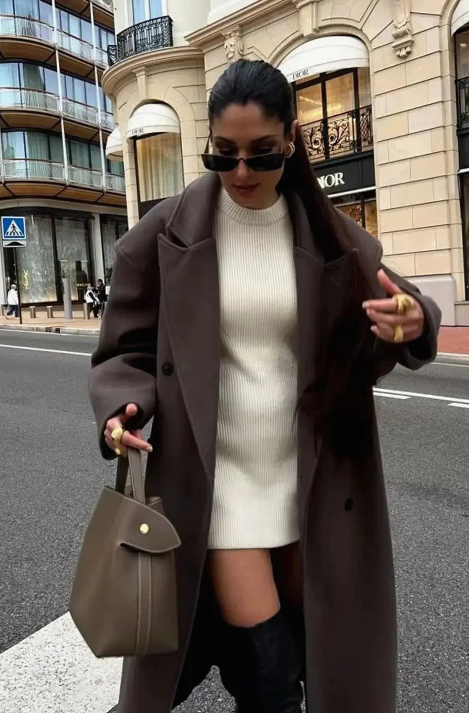 Oversized Double-Breasted Maxi Coat – Women's Long Lapel Coat in Brown