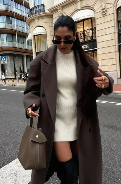 Oversized Double-Breasted Maxi Coat – Women's Long Lapel Coat in Brown