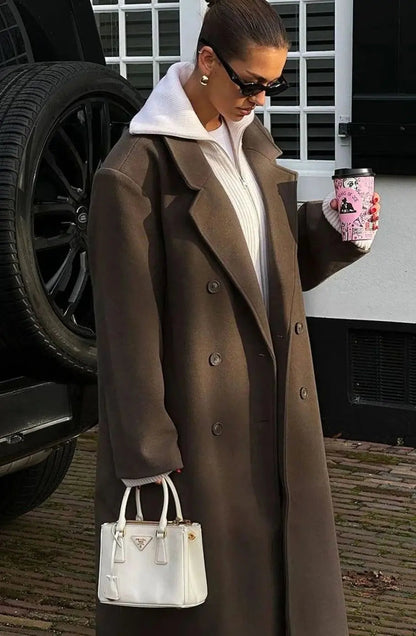 Oversized Double-Breasted Maxi Coat – Women's Long Lapel Coat in Brown