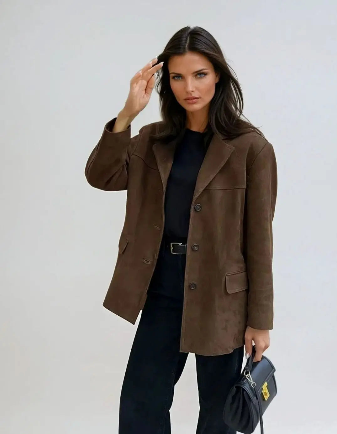 Brown Suede-Feel Oversized Blazer – Button-Front Long Jacket