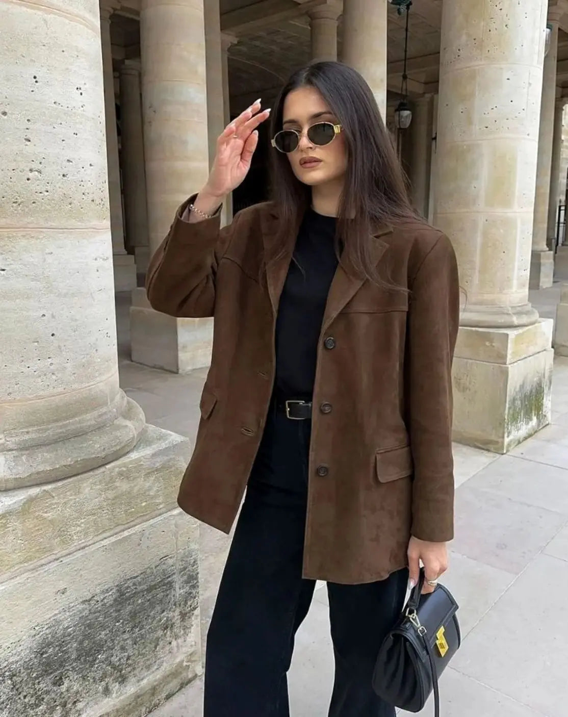 Brown Suede-Feel Oversized Blazer – Button-Front Long Jacket