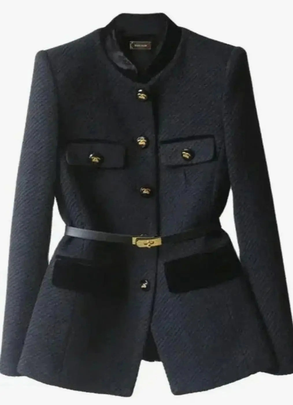 Tweed Military Jacket – Belted Velvet Trim Gold Buttons