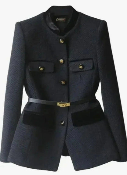 Tweed Military Jacket – Belted Velvet Trim Gold Buttons