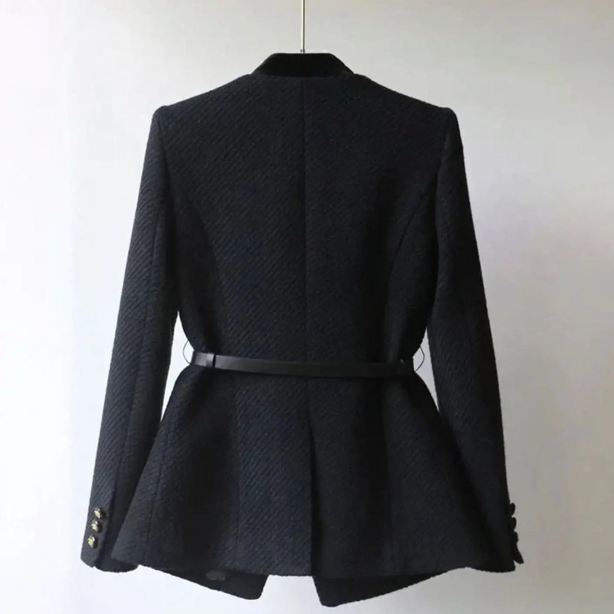 Tweed Military Jacket – Belted Velvet Trim Gold Buttons