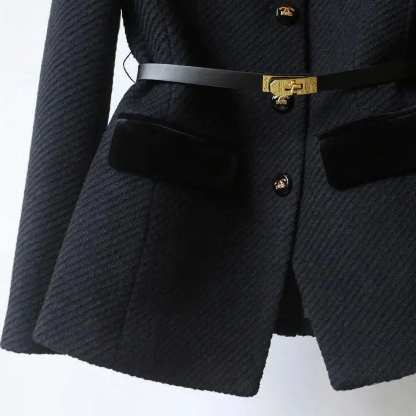Tweed Military Jacket – Belted Velvet Trim Gold Buttons