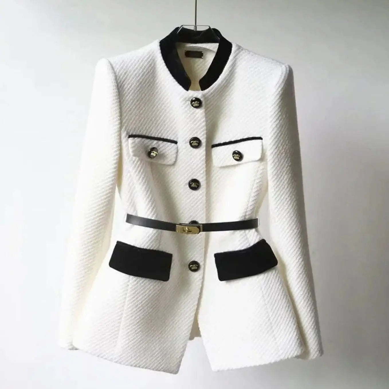 Tweed Military Jacket – Belted Velvet Trim Gold Buttons