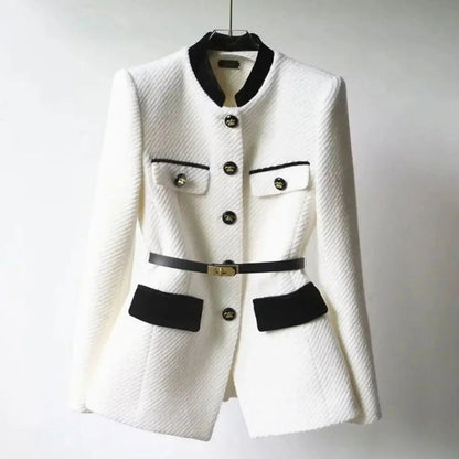 Tweed Military Jacket – Belted Velvet Trim Gold Buttons