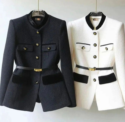 Tweed Military Jacket – Belted Velvet Trim Gold Buttons