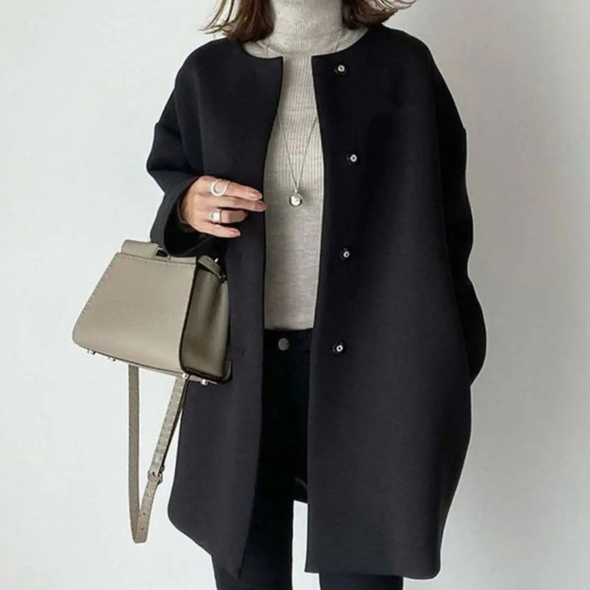Collarless Longline Coat – Oversized Button-Front Women's Coat