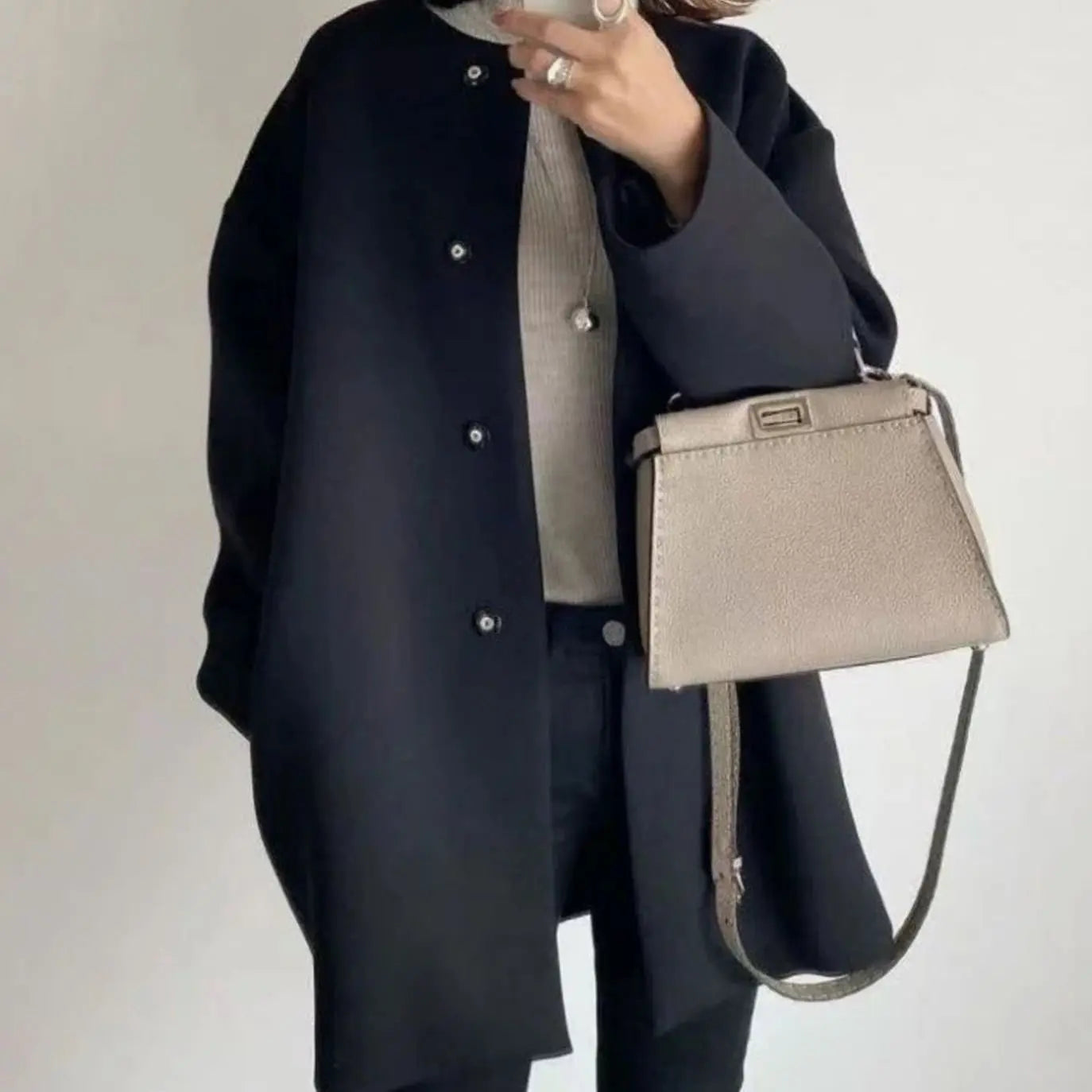 Collarless Longline Coat – Oversized Button-Front Women's Coat