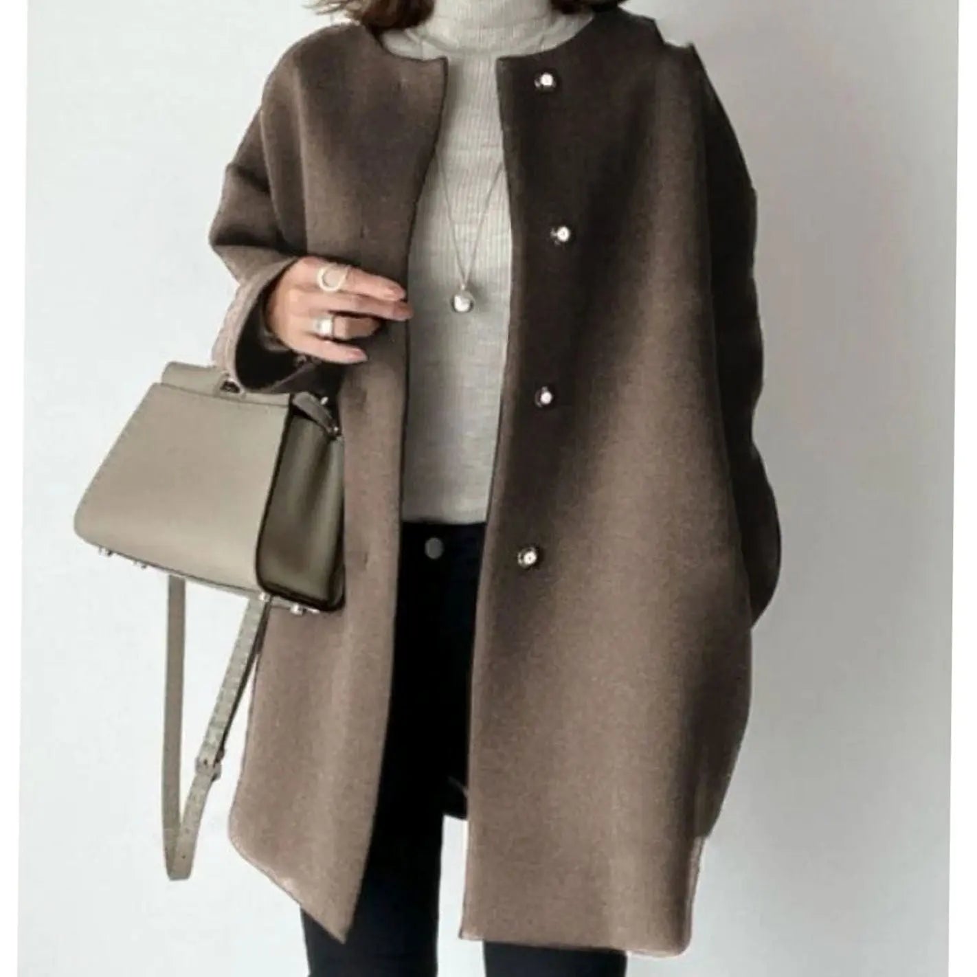 Collarless Longline Coat – Oversized Button-Front Women's Coat