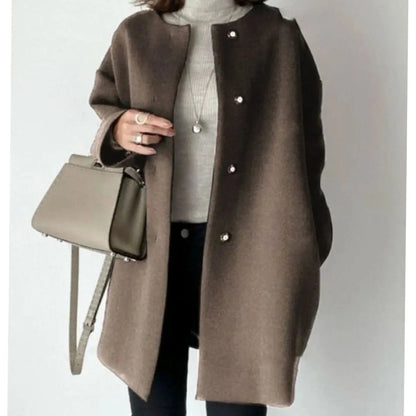 Collarless Longline Coat – Oversized Button-Front Women's Coat