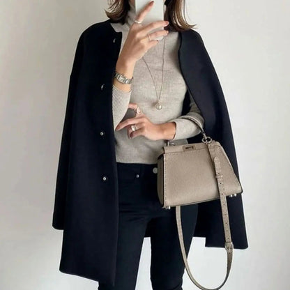 Collarless Longline Coat – Oversized Button-Front Women's Coat