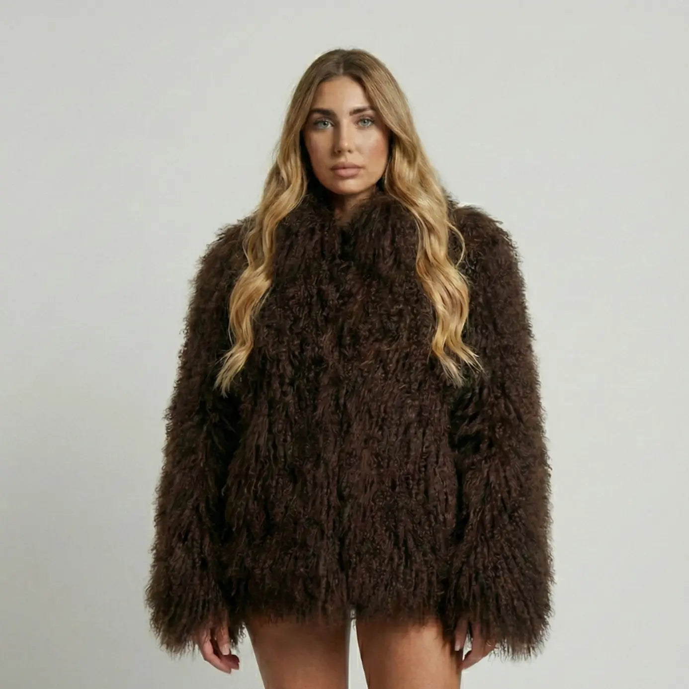 Shaggy Faux Fur Cropped Jacket – High Neck Long Sleeve Winter Coat