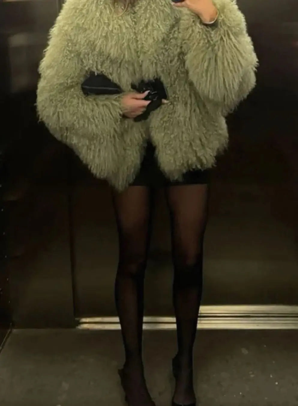 Shaggy Faux Fur Cropped Jacket – High Neck Long Sleeve Winter Coat