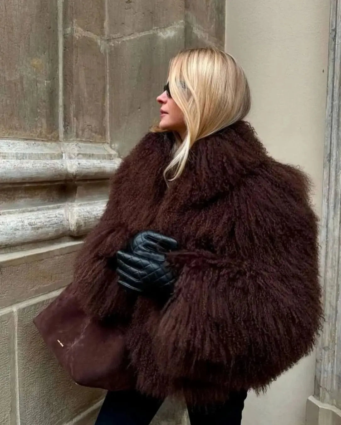 Shaggy Faux Fur Cropped Jacket – High Neck Long Sleeve Winter Coat