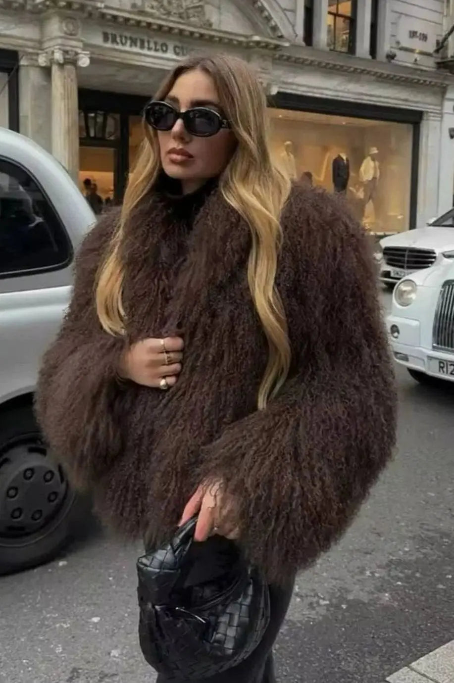 Shaggy Faux Fur Cropped Jacket – High Neck Long Sleeve Winter Coat