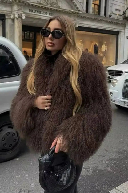 Shaggy Faux Fur Cropped Jacket – High Neck Long Sleeve Winter Coat