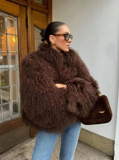 Shaggy Faux Fur Cropped Jacket – High Neck Long Sleeve Winter Coat