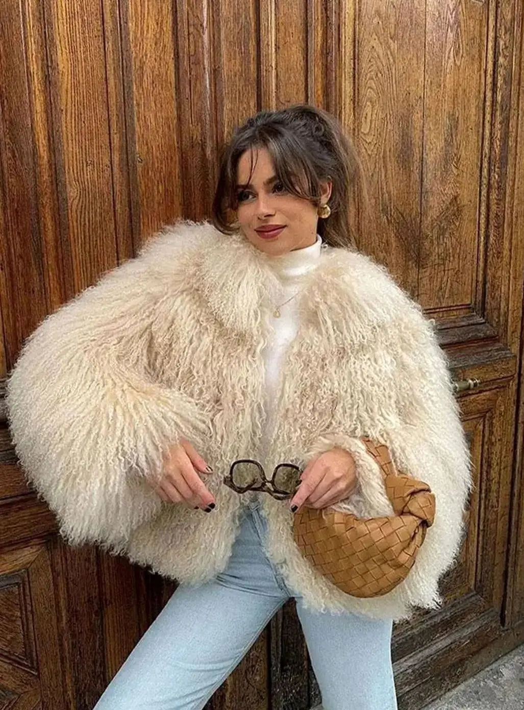 Shaggy Faux Fur Cropped Jacket – High Neck Long Sleeve Winter Coat