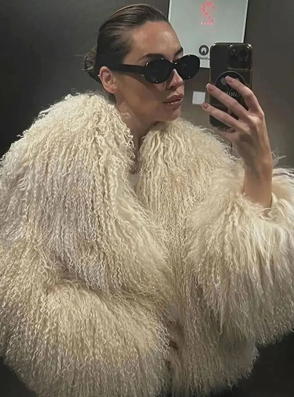 Shaggy Faux Fur Cropped Jacket – High Neck Long Sleeve Winter Coat