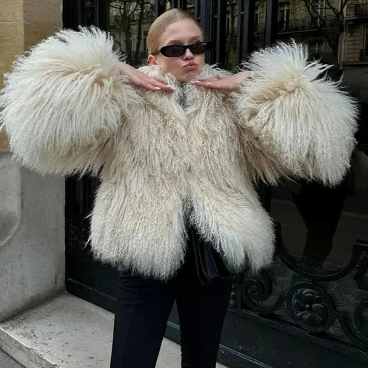 Shaggy Faux Fur Cropped Jacket – High Neck Long Sleeve Winter Coat
