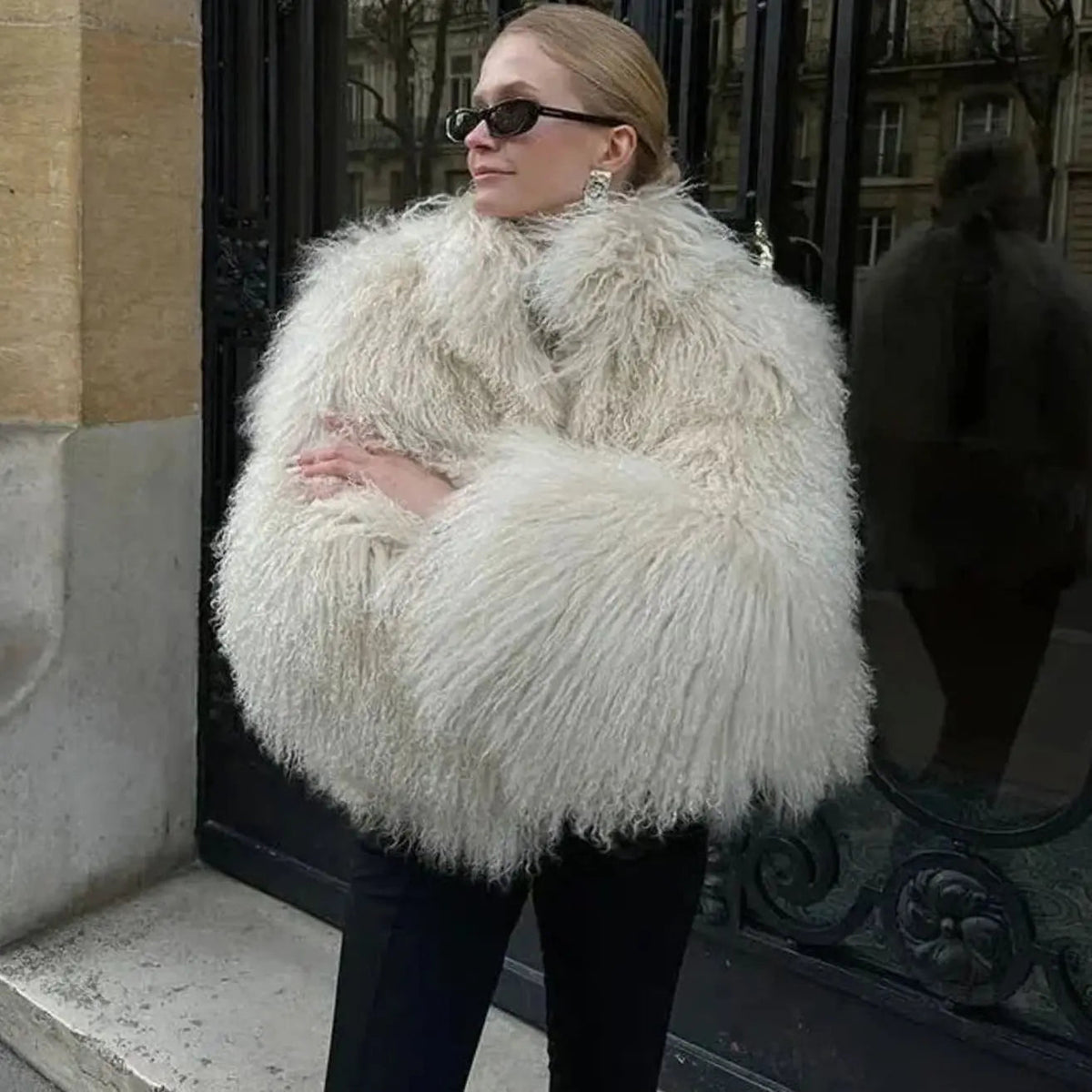 Shaggy Faux Fur Cropped Jacket – High Neck Long Sleeve Winter Coat