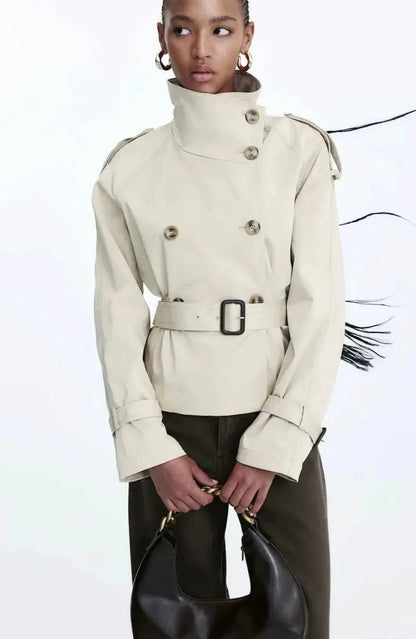 Cropped Trench Coat Women – Double-Breasted Stand Collar Belted Jacket