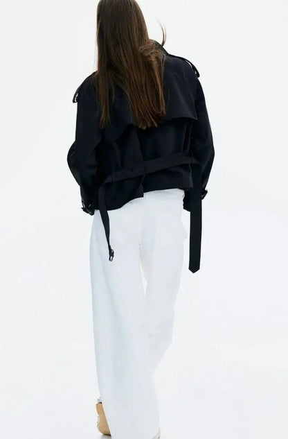 Cropped Trench Coat Women – Double-Breasted Stand Collar Belted Jacket