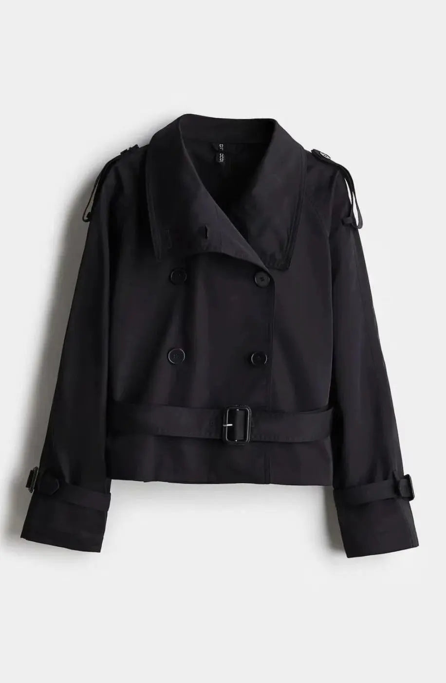 Cropped Trench Coat Women – Double-Breasted Stand Collar Belted Jacket