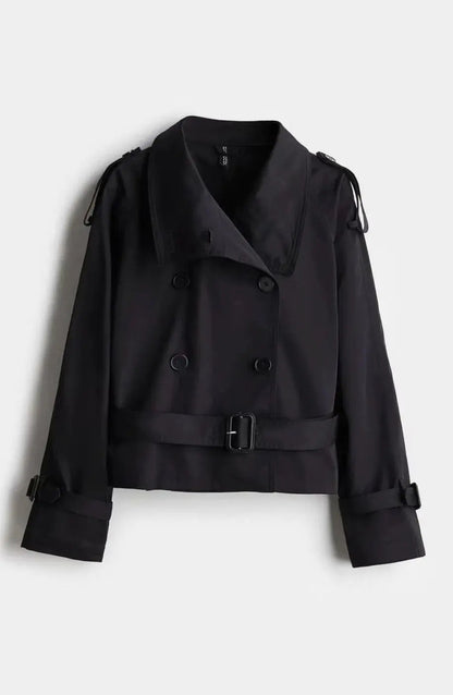 Cropped Trench Coat Women – Double-Breasted Stand Collar Belted Jacket