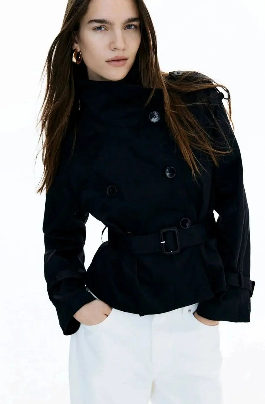 Cropped Trench Coat Women – Double-Breasted Stand Collar Belted Jacket