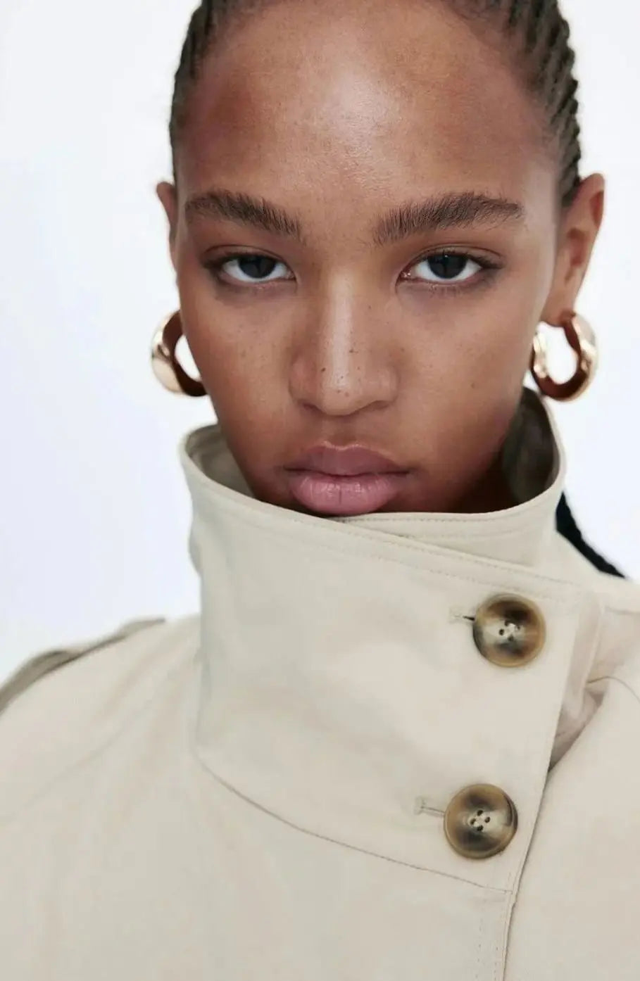 Cropped Trench Coat Women – Double-Breasted Stand Collar Belted Jacket