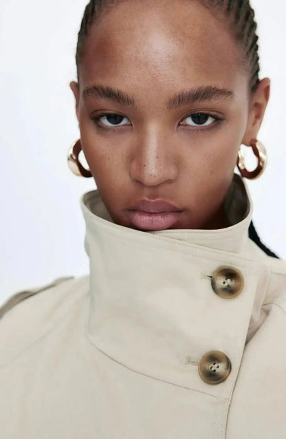 Cropped Trench Coat Women – Double-Breasted Stand Collar Belted Jacket