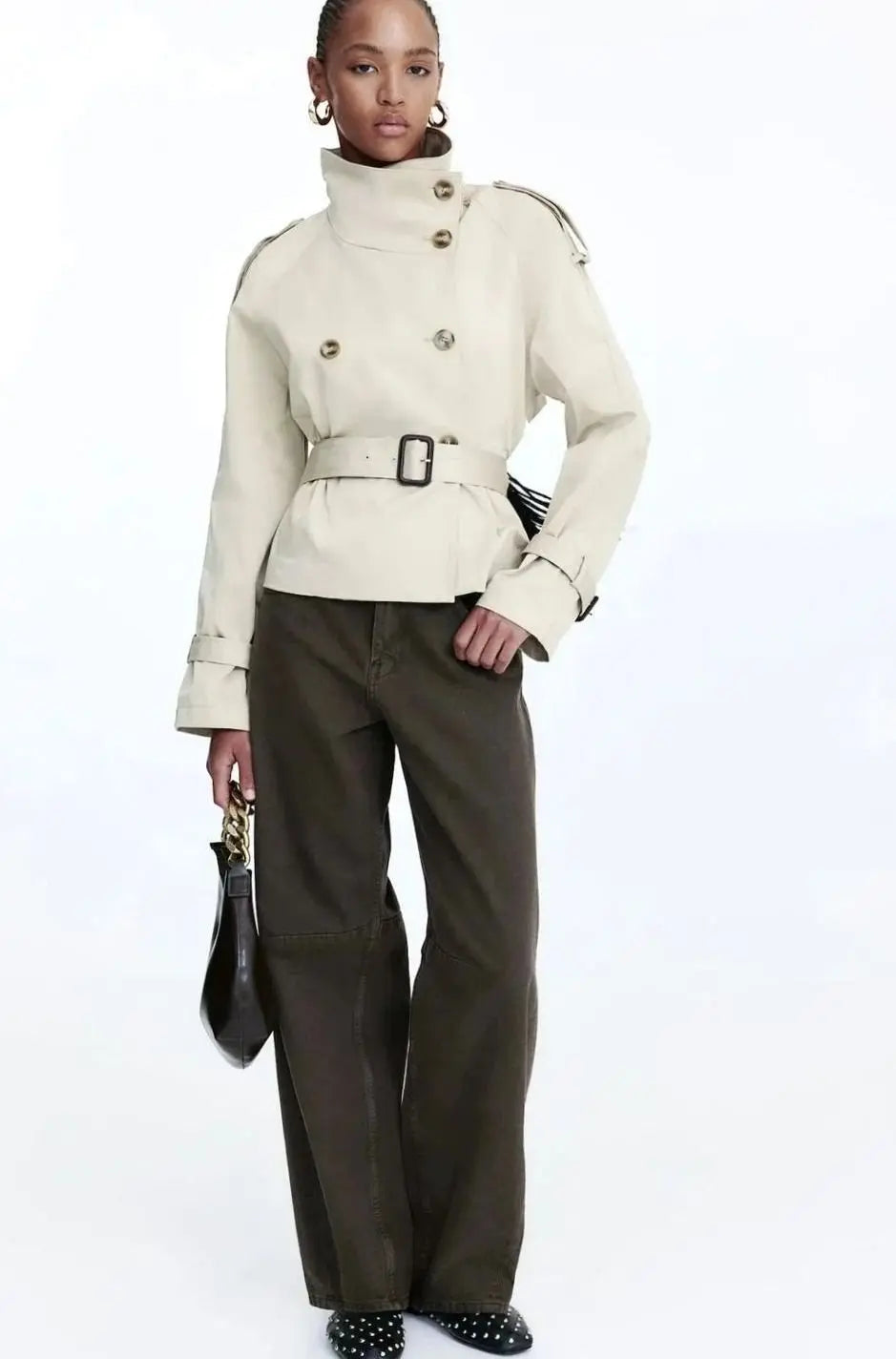 Cropped Trench Coat Women – Double-Breasted Stand Collar Belted Jacket