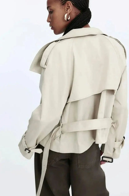 Cropped Trench Coat Women – Double-Breasted Stand Collar Belted Jacket