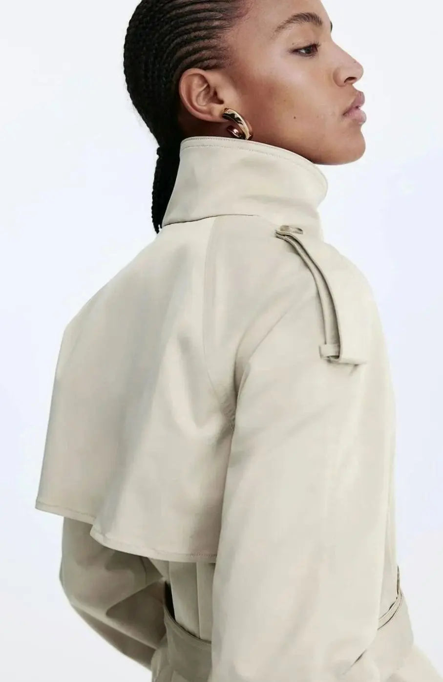 Cropped Trench Coat Women – Double-Breasted Stand Collar Belted Jacket